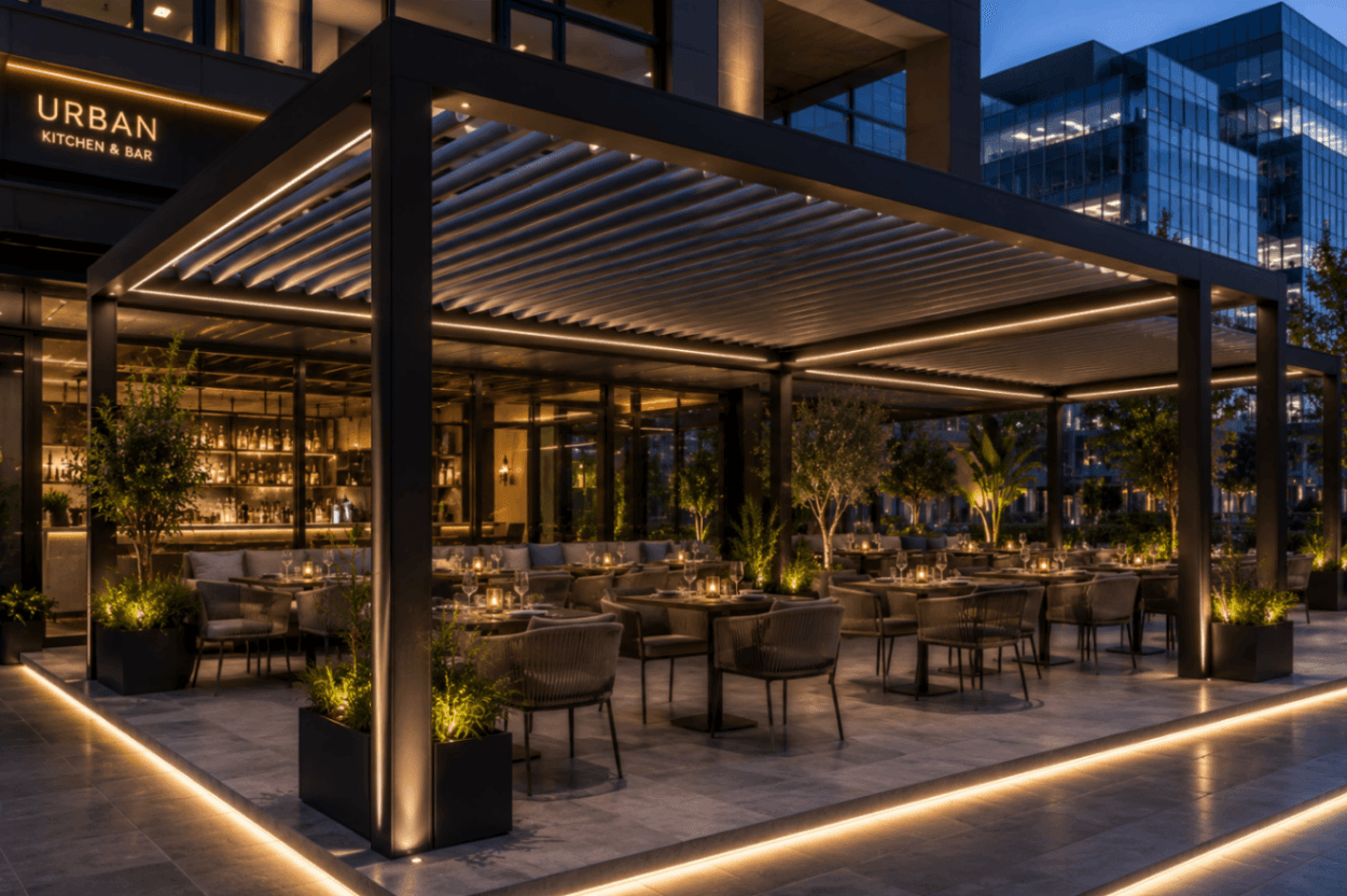 Atlanta Pergola luxury outdoor living terrace with architectural pergola overlooking a landscaped garden